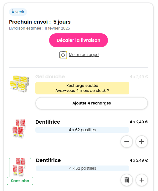 Capture d'écran de la fonctionnalité "Sauter un produit"