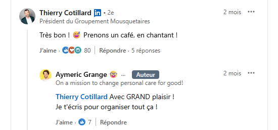 Capture d'écran d'un commentaire LinkedIn de Thierry Cotillard, président des Mousquetaires